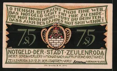 Notgeld Zeulenroda 1921, 75 Pfennig, Schiessende Soldaten, Wappen