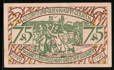 Notgeld Zeulenroda 1921, 75 Pfennig, Gilden und Zünfte im Kampf, Wappen