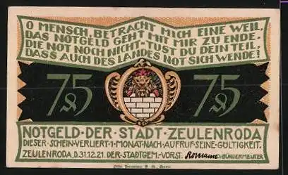 Notgeld Zeulenroda 1921, 75 Pfennig, Gilden und Zünfte im Kampf, Wappen