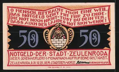 Notgeld Zeulenroda-Weckersdorf 1921, 50 Pfennig, Fachwerkhaus, Wappen