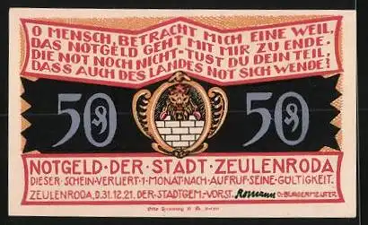 Notgeld Zeulenroda-Leitlitz 1921, 50 Pfennig, Dorfansicht, Wappen