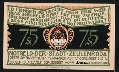 Notgeld Zeulenroda 1921, 75 Pfennig, Übergabe an das Haus Greiz, Wappen