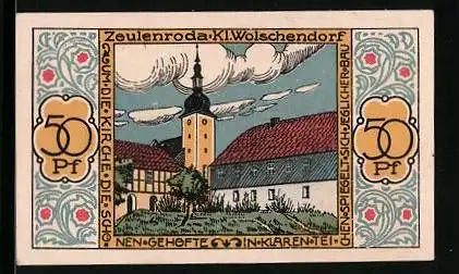 Notgeld Zeulenroda-Kl. Wolschendorf 1921, 50 Pfennig, Gehöft mit Kirche, Wappen