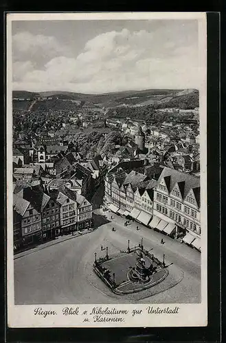 AK Siegen, Blick vom Nikolaiturm zur Unterstadt und Kasernen