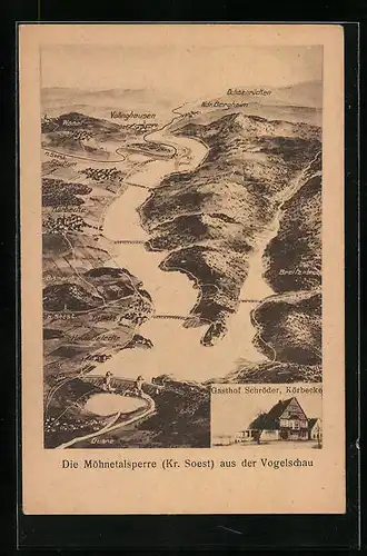 AK Körbecke, Gasthof Schröder, Umgebungskarte der Möhntalsperre