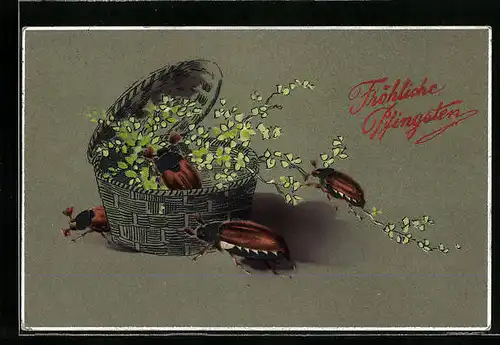 AK Maikäfer schwirren um Korb mit Zweigen herum, Pfingstgruss