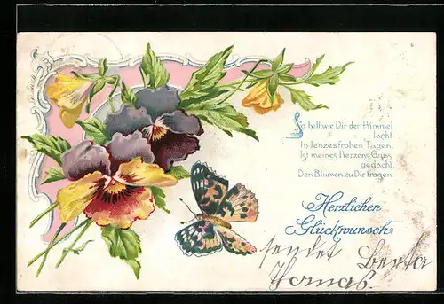 Lithographie Schmetterling vor einem Blumensträusschen