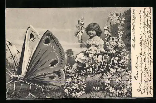 AK Kind im von Riesen-Schmetterling gezogenem Karren