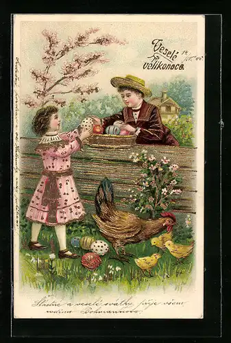 AK Kinder am Zaun mit Osterküken zum Feste