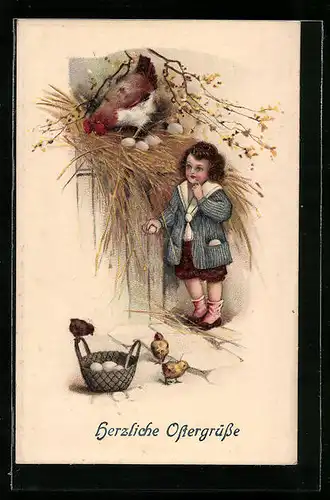 AK Kind mit Ostereiern und Osterküken