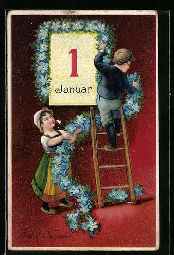 AK Kinder schmücken Kalenderblatt, Prosit Neujahr