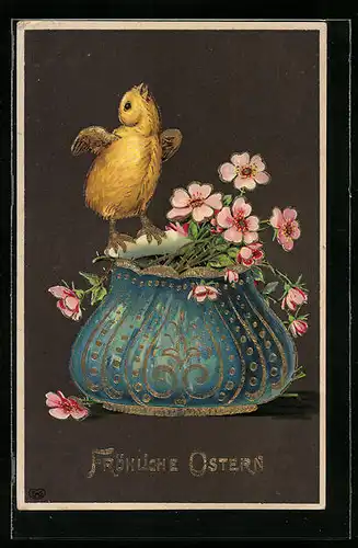 AK Osterküken mit Blumen, Fröhliche Ostern