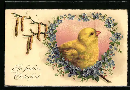 AK Osterküken im Blüten-Herz