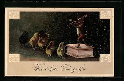 AK Osterhase spielt Violine vor Osterküken