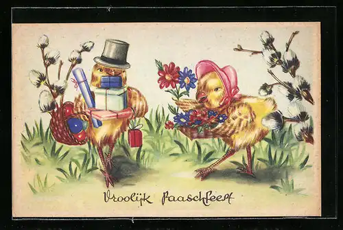 AK Osterküken mit Geschenken wünschen ein frohes Fest