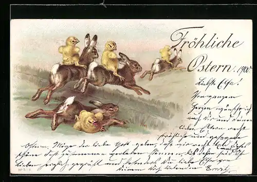 AK Osterküken reiten auf Osterhasen