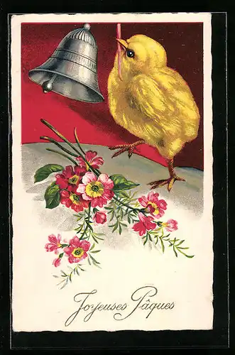 AK Osterküken läutet die Glocke, Blumen