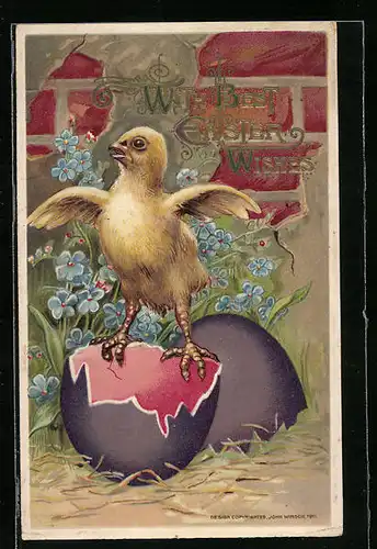 AK Osterküken auf zebrochener Eierschale, Easter Wishes