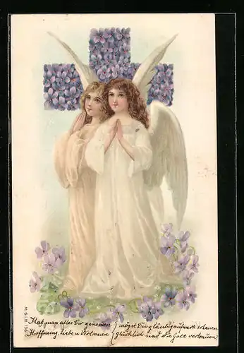 AK Betende Engel mit Kreuz aus Blumen