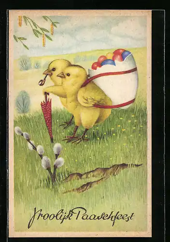 AK Osterküken mit Korb voller Ostereiern