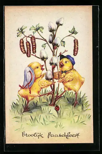 AK Osterküken mit Palmkätzchenzweigen