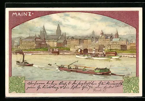 Künstler-AK Franz Hein: Mainz, Uferpartie mit Kirche und Booten