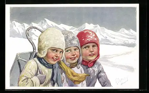 Künstler-AK Karl Feiertag: Drei Jungen mit einem Schlitten