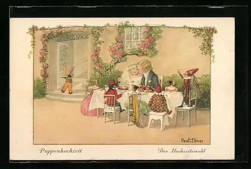 Künstler-AK Pauli Ebner: Puppenhochzeit, Das Hochzeitsmahl
