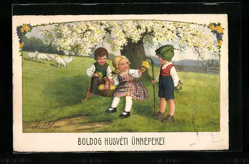 Künstler-AK Pauli Ebner: Kinder mit Blumenkorb und Schafherde