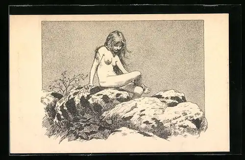 Künstler-AK Fidus: Sag` kleines Tier, Nackte Frau sitzt auf einem Stein