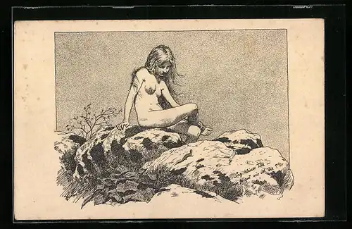 Künstler-AK Fidus: Sag` kleines Tier, Nackte Frau sitzt auf einem Stein