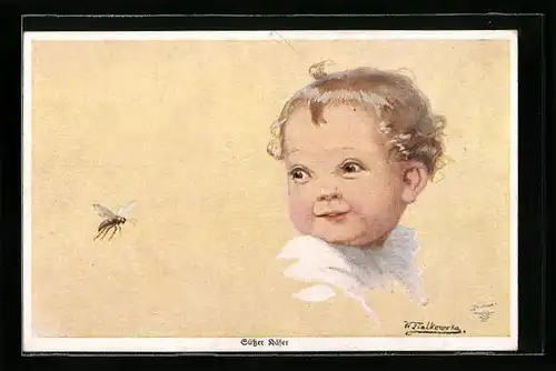 Künstler-AK Wally Fialkowska: Kind schaut zu einem Käfer