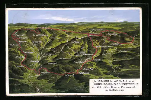Künstler-AK Eugen Felle: Nürburg bei Adenau, Blick auf die Nürburg-Ring-Rennstrecke