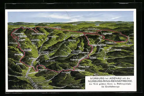 Künstler-AK Eugen Felle: Nürburg bei Adenau, Nürburg mit der Nürburg-Ring-Rennstrecke