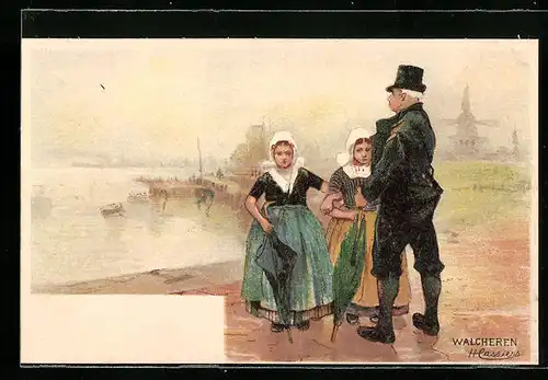 Künstler-AK Henri Cassiers: Ein Herr und zwei Damen mit Regenschirmen