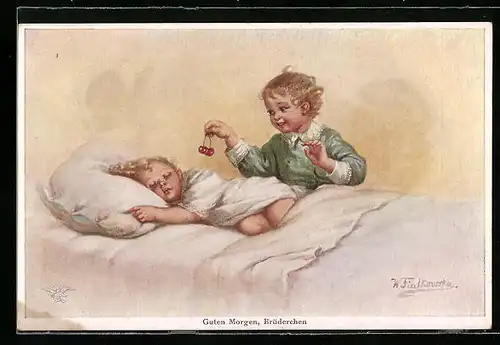 Künstler-AK Wally Fialkowska: Guten Morgen Brüderchen