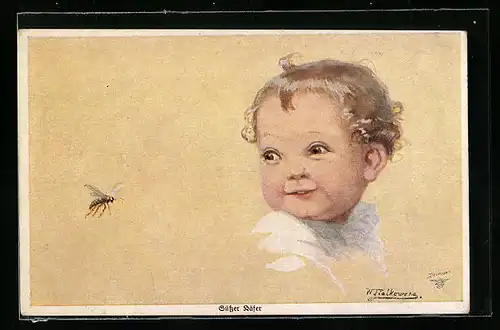 Künstler-AK Wally Fialkowska: Süsser Käfer, Kleinkind mit Biene