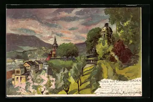 Künstler-AK Gottfried Graf: Baden-Baden, Ortspartie mit Brücke