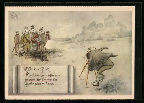 Künstler-AK Heinz Geilfus: Die Schützen dürfen nur während des Treibens..., Ziffer 2 der J. R., Jagdhumor