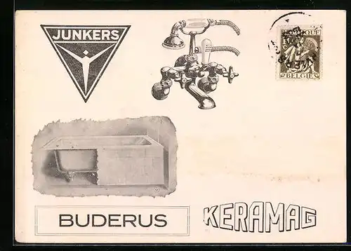 Künstler-AK Verviers, Urbain Ortmans, Rue des Alliés, 68, Junkers, Buderus, Keramag, Reklame