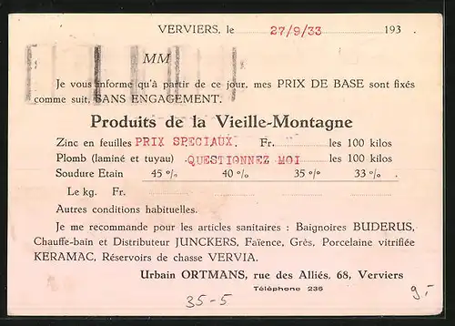 Künstler-AK Verviers, Urbain Ortmans, Rue des Alliés, 68, Junkers, Buderus, Keramag, Reklame