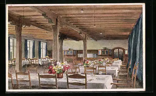 Künstler-AK Edward Harrison Compton: Elmau, Schloss Elmau, Speisesaal, Innenansicht