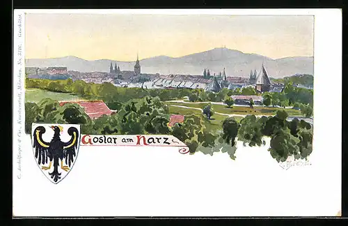 Künstler-AK Carl Biese: Goslar am Harz, Ortspartie, Wappen
