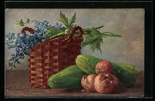 Künstler-AK M. Billing: Korb neben Gurken und Zwiebeln