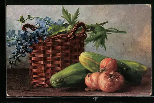 Künstler-AK M. Billing: Korb neben Gurken und Zwiebeln
