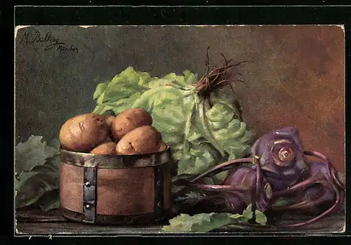Künstler-AK M. Billing: Salat neben Kartoffeln und Rotkohl
