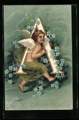 Präge-AK Amor mit Buchstabe A