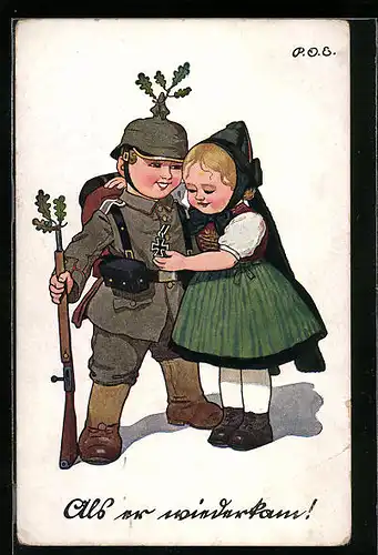Künstler-AK P. O. Engelhard (P.O.E.): Als er wiederkam, Kind als Soldat gekleidet