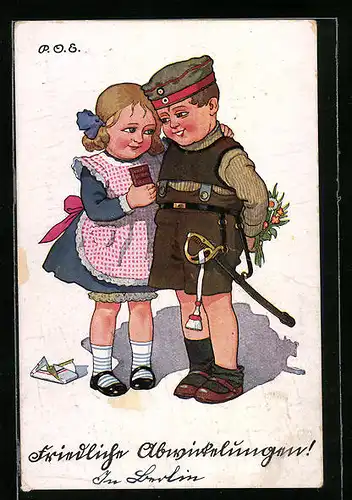 Künstler-AK P. O. Engelhard (P.O.E.): Junge schenkt Mädchen Schokolade und Blumen