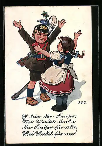 Künstler-AK P. O. Engelhard (P.O.E.): Kind als Soldat gekleidet umarmt Mädchen